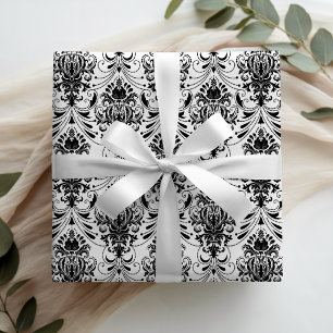 Wit en zwart vintage sierlijk damastpatroon cadeaupapier