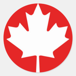 Wit esdoornblad op rode achtergrond ronde sticker