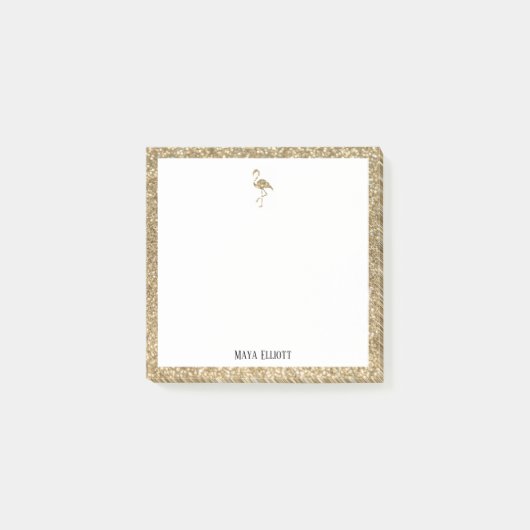 Wit + Faux Gold Glitter Flamingo & Border, Naam Post-it® Notes (Voorkant)