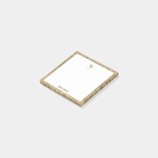 Wit + Faux Gold Glitter Flamingo & Border, Naam Post-it® Notes (Schuin)