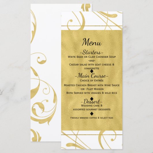 Wit & Faux Goud Bloemen Werveltje Chic Trouwmenu Menu (Voorkant / Achterkant)