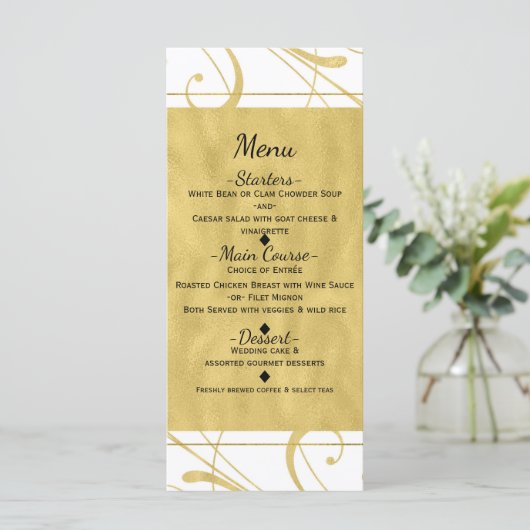 Wit & Faux Goud Bloemen Werveltje Chic Trouwmenu Menu (Staand voorkant)