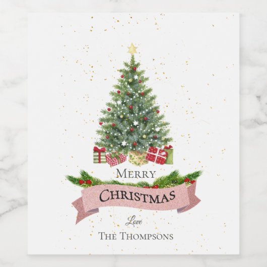  wit faux roze glitter vrolijk kerstfeest wijn etiket (Enkel label)