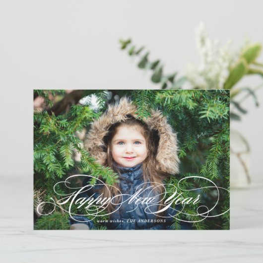 Wit formeel script Happy New Year Foto Feestdagenkaart (Staand voorkant)