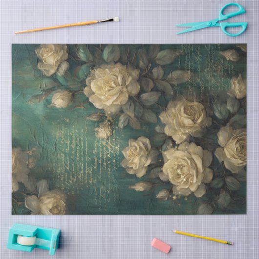 wit Frans roos gouden folie smaragdgroen Tissuepapier (Craft)