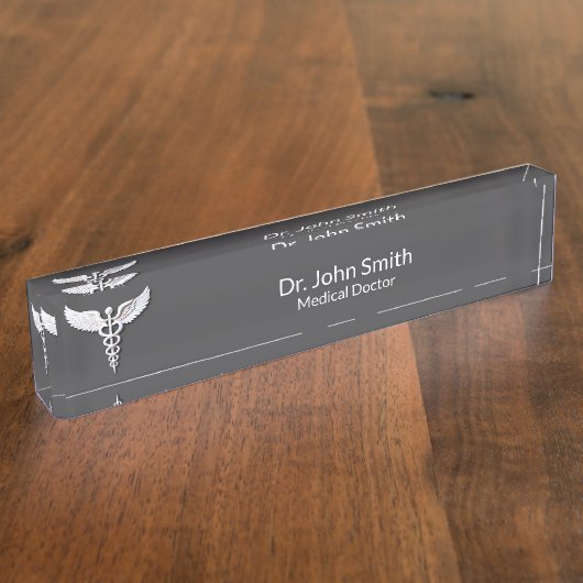 Wit Gedetailleerd Schoon Caduceus Warm Grijs Medis Naambordje (Zijkant)