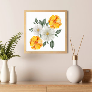 Wit Geel Bloemig Bloemen Groene Muur Kunst Poster