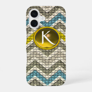 WIT GEEL GRIJS BLAUWE MOZAÏEK CHEVRONS EDELE STEEN iPhone 16 HOESJE
