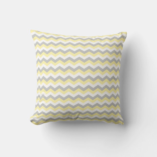 Wit, Geel Grijs Chevron Zigzag Kussen (Voorkant)
