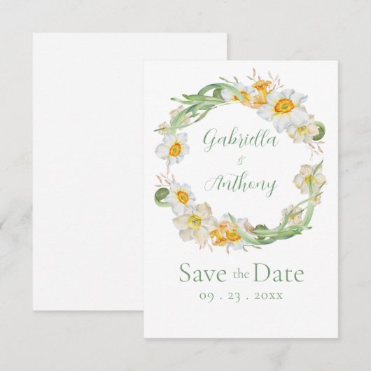 Wit & Geel Narcis Bloem Groen Schrift Save The Date (Voorkant / Achterkant)