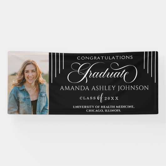 Wit Gefeliciteerd Foto Zwart Afstuderen Spandoek (Horizontaal)
