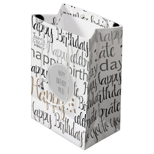 Wit Gelukkig Verjaardag   Medium Cadeauzakje (Voorkant Gekanteld)