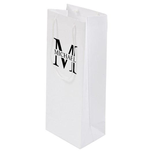 Wit Gepersonaliseerd Monogram en Naam Wijn Cadeautas (Voorkant Gekanteld)