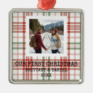 Wit geruit Ons Eerste Kerstmis Metalen Ornament