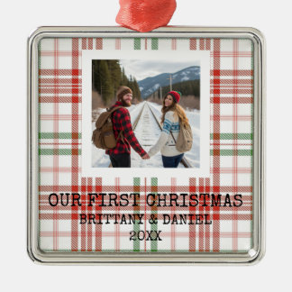 Wit geruit Ons Eerste Kerstmis Metalen Ornament