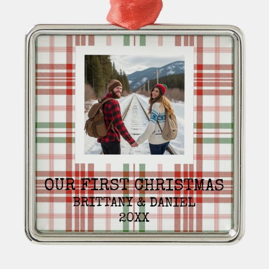 Wit geruit Ons Eerste Kerstmis Metalen Ornament (Voorkant)