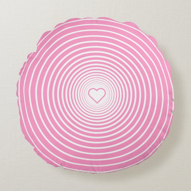 Wit Gestreept Roze Ronde Kussen met Hart (Voorkant)