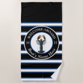 Wit Gestreepte Nautische Bootnaam Blauw Lobste Strandlaken (Voorkant)