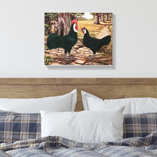 Wit Gezicht Zwart Spaans Haan en Hen - Bossen Canvas Afdruk (Insitu (Slaapkamer))