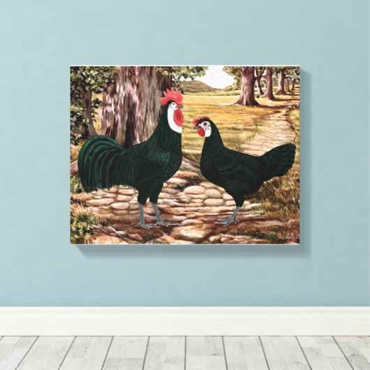 Wit Gezicht Zwart Spaans Haan en Hen - Bossen Canvas Afdruk (Insitu (Houten vloer))