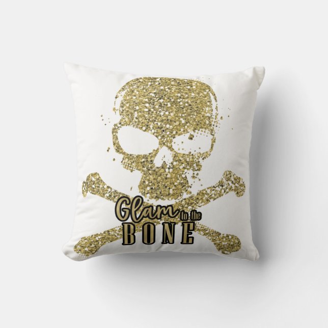 Wit Glam tot op het Bot Gouden Glitter Schedel Kussen (Voorkant)