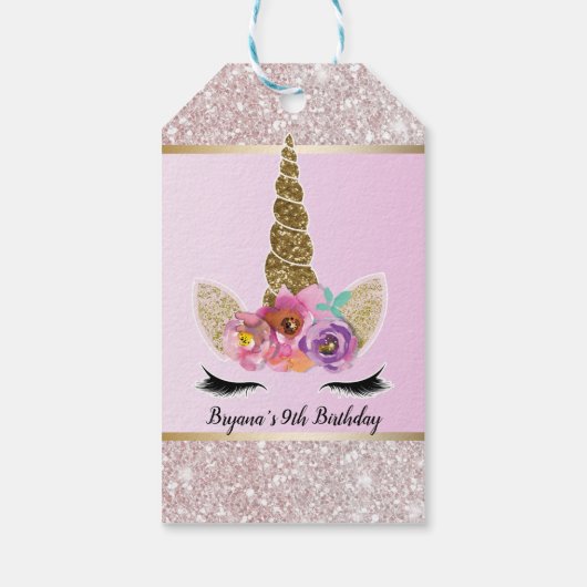Wit Glitter Goud Glam Eenhoorn Bloemen Roze Partij Cadeaulabel (Achterkant)