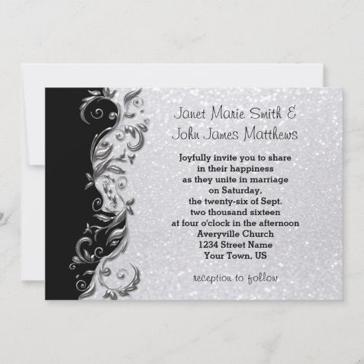 Wit glitter, zwart en zilver huwelijk kaart (Voorkant)