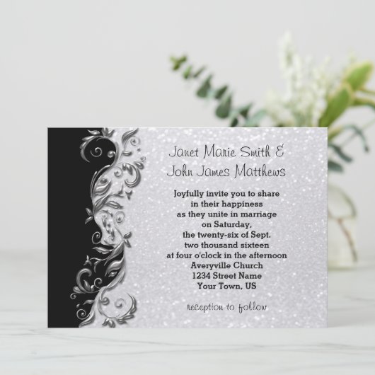 Wit glitter, zwart en zilver huwelijk kaart (Staand voorkant)