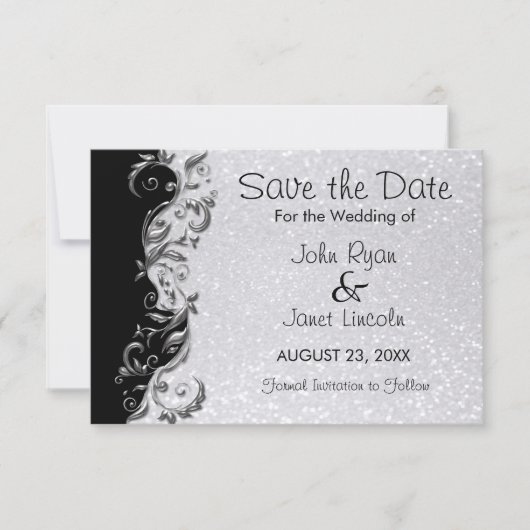 Wit glitter, zwart en zilver huwelijk save the date (Voorkant)