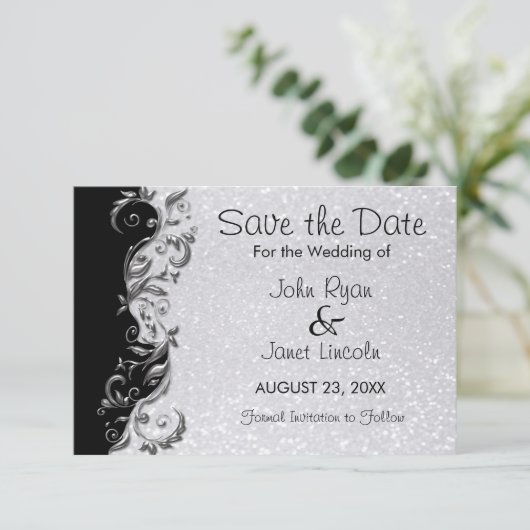 Wit glitter, zwart en zilver huwelijk save the date (Staand voorkant)