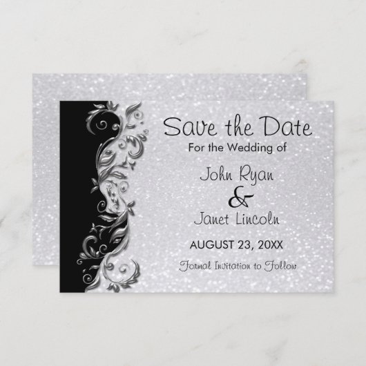 Wit glitter, zwart en zilver huwelijk save the date (Voorkant / Achterkant)