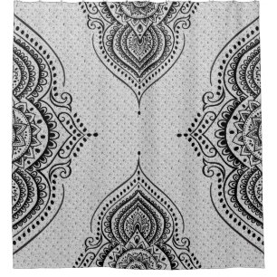 Wit Glitter & Zwart Kant Bloemen Ornament Douchegordijn