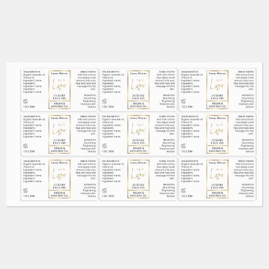 Wit & Goud 1 OZ 30ml Fles Huidverzorging Waterdich Labels (Vel)