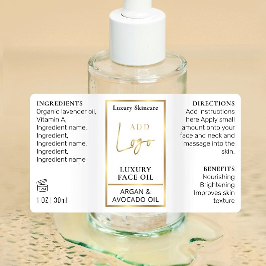 Wit & Goud 1 OZ 30ml Fles Huidverzorging Waterdich Labels