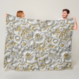 Wit & Goud 3D Bloemen Decoratief Patroon Fleece Deken