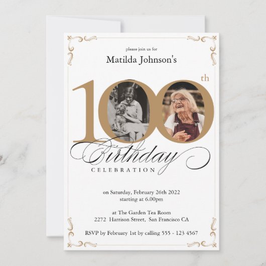 Wit Goud Aangepaste Foto 100e Verjaardagsfeestje Kaart (Voorkant)