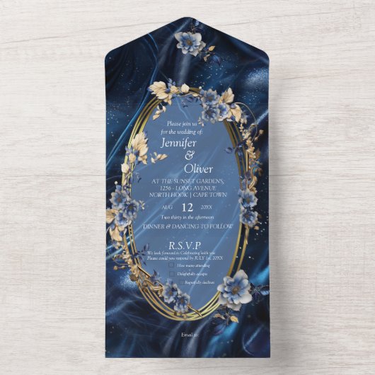 Wit & Goud abstracte bloemetjes op Simmery Blue Si All In One Uitnodiging (Binnen)