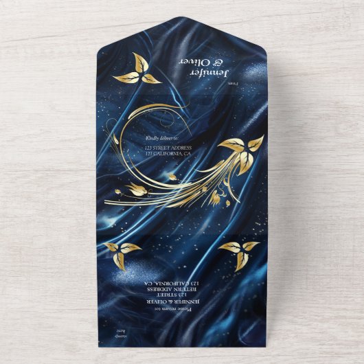 Wit & Goud abstracte bloemetjes op Simmery Blue Si All In One Uitnodiging (Buitenkant)