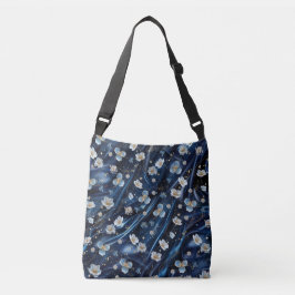 Wit & Goud abstracte bloemetjes op Simmery Blue Si Crossbody Tas