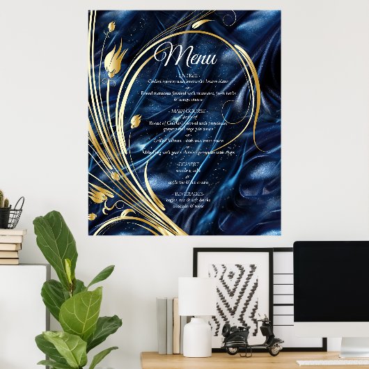 Wit & Goud abstracte bloemetjes op Simmery Blue Si Poster (Thuiskantoor)