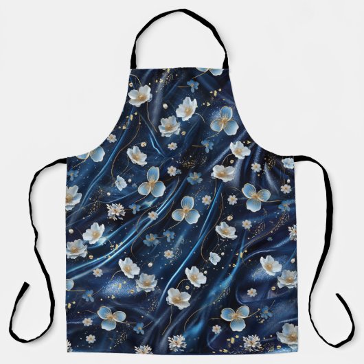 Wit & Goud abstracte bloemetjes op Simmery Blue Si Schort (Voorkant)