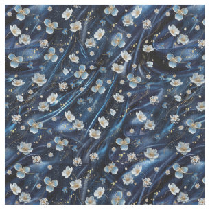 Wit & Goud abstracte bloemetjes op Simmery Blue Si Stof