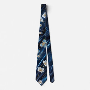 Wit & Goud abstracte bloemetjes op Simmery Blue Si Stropdas