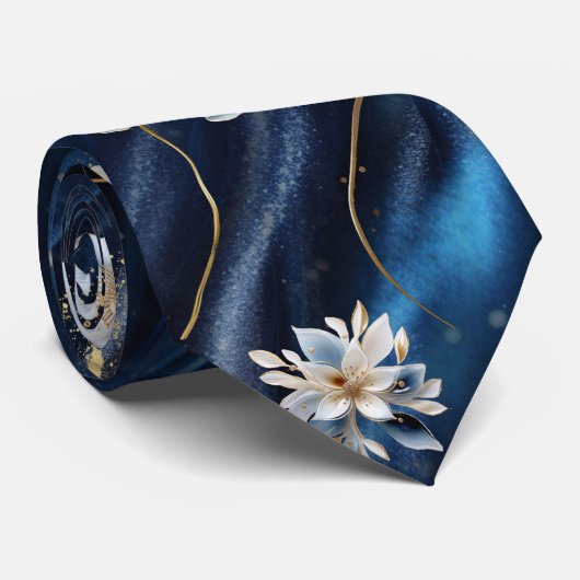 Wit & Goud abstracte bloemetjes op Simmery Blue Si Stropdas (Opgerold)
