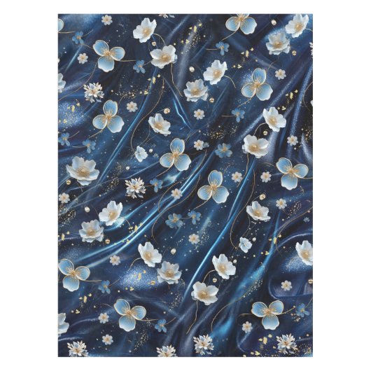 Wit & Goud abstracte bloemetjes op Simmery Blue Si Tafelkleed (Voorkant)