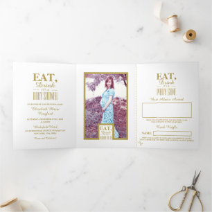 Wit & Goud Art Deco, Eet Drink Baby Shower Suite Drieluik Uitnodiging