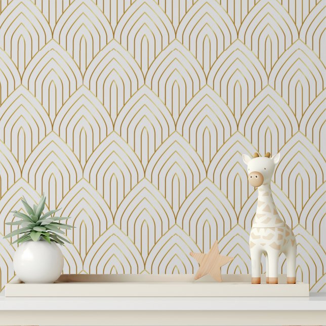 Wit Goud Art Deco Geometrische Boog Behang (Creator heeft geüpload)