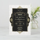 Wit Goud Art Deco Zwart Roaring 1920s Bruiloft Kaart (Staand voorkant)