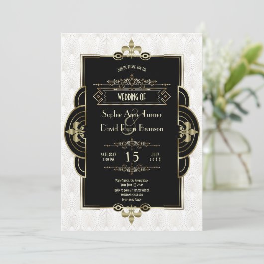 Wit Goud Art Deco Zwart Roaring 1920s Bruiloft Kaart (Staand voorkant)