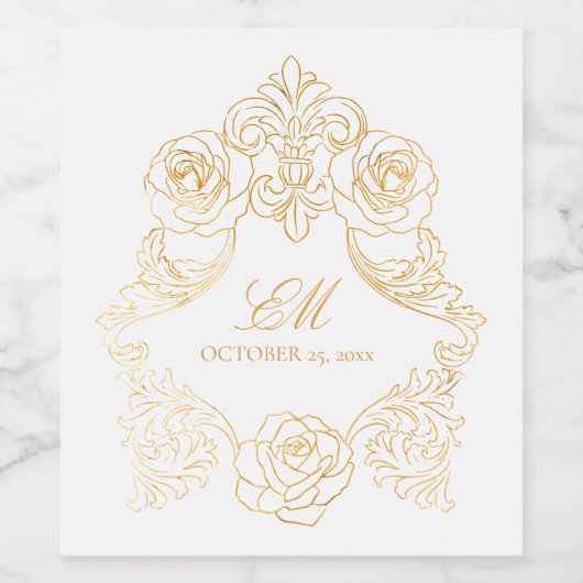 Wit & Goud Barok Romantisch Crest Monogram Wijn Etiket (Enkel label)